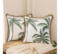 Tosleo Juego de 2 fundas de almohada bordadas de 18 x 18 pulgadas, con flecos de lino de algodón, estilo bohemio, decoración de granja, fundas cuadradas de palmera verde para primavera, verano, sofá,
