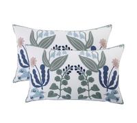 Tosleo Juego de 2 fundas de almohada bordadas de flores de 12 x 20 pulgadas, diseño de hojas verdes con pájaros, fundas de almohada decorativas de granja, fundas de almohada cuadradas de flores azul