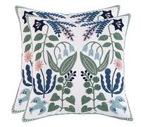 Tosleo Juego de 2 fundas de almohada bordadas de flores de 45,7 x 45,7 cm, diseño de hojas verdes con pájaros, fundas de almohada decorativas de granja, fundas de almohada costeras, fundas de almohada