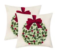 Tosleo Juego de 2 fundas de almohada de Navidad de 45,7 x 45,7 cm, color beige y verde con diseño de lazo, de terciopelo, para decoración de fiestas de Navidad, funda de cojín de invierno
