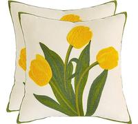 Tosleo Juego de 2 fundas de almohada decorativas bordadas con tulipanes amarillos de 16 x 16 pulgadas, fundas de almohada cuadradas de algodón floral