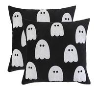 Tosleo Juego de 2 fundas de almohada decorativas de Halloween de 40.6 x 40.6 cm, fundas de almohada blancas con diseño de fantasma, decoración negra, fundas de almohada bordadas para Halloween, hogar,