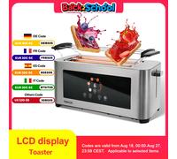 Tostadora 1400W, tostadora de acero inoxidable, pantalla táctil LCD, 2 ranuras anchas para tostadas, 4 rebanadas, 7 niveles de browning, soporte para bollos,