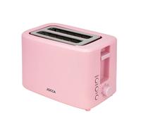 Tostadora Jocca rosa de la línea Sweet con doble ranura ancha para diferentes panes y bollerías diseñado para que este centrado logrando un tostado uniforme, cuenta con 7 niveles y la función de