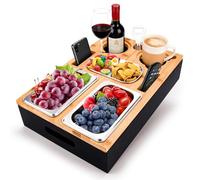 TOSUTO Bandeja para sofá de Madera,Couchbar Snackbox Con 2 Cuencos de Acero Inoxidable y Cuenco de Especias,Tapa Magnética Desmontable,Sofa Tray Snack Box Para Sofá,Cama y Jardín | Regalo para Hombres