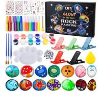 TOSUTO Kit de pintura sobre piedra para niños, 12 piedras para decorar + 2 piedras brillantes, kit de manualidades para niños, kit de manualidades con 24 colores y 4 pegatinas, para niños a partir de