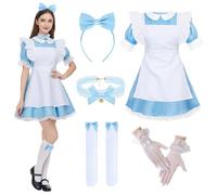 TOSZOLY Disfraz Alicia Mujer, Disfraz Halloween Adulto Mujer, Disfraces Carnaval con Diadema, Guantes y Medias Largas, Vestido Princesa Azul para Halloween, Carnaval, Día del Libro, Cosplay