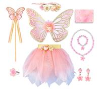 TOSZOLY Disfraz de Hada para Niñas, Set de 8 Piezas con Alas de Mariposa, Falda Tutú, Varita Mágica, Corona de Flores, Conjunto de Joyas, Vestido de Princesa para Halloween, Carnaval, Niñas 3-6 Años