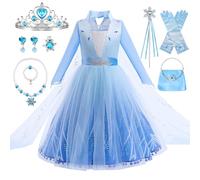 TOSZOLY Disfraz Elsa Niña, Vestido de Princesa Elsa con Conjuntos de Collar de Corona Princesa, Vestido Princesa Elsa Elegante para Carnevale Cosplay (120)