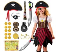 TOSZOLY Disfraz Pirata Niña, Disfraz Cosplay Pirata con Accesorios Piratas, Disfraces Pirata Carnaval con Espada Pirata Sombrero Piratas, Disfraces de Pirata para Carnaval Cosplay