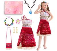 TOSZOLY Disfraz Vaiana Niña, Disfraz Princesa Vaiana con Corona de Flores Collar, Vestido Princesa Vaiana, Traje de Aventura Vaiana Vestido Vaiana para Carnaval Cosplay (140)
