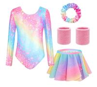 TOSZOLY Maillot Gimnasia Rítmica Niña - Conjunto 5 Piezas, Maillot de Manga Larga, Falda, Cinta para el Cabello, Muñequeras, Tenue de Ballet para Niñas de 4 a 9 Años para Espectáculos, Entrenamiento