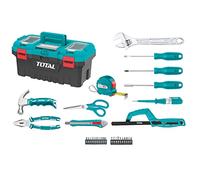 TOTAL - Caja de Herramientas Completa 32 Piezas | Alicate, Llave, Destornillador y Martillo con Sacaclavos | Flexómetro, Puntas y Arco de Sierra | Tester de Voltaje | Maletín 17”