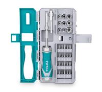 TOTAL - Destornillador de Carraca con Juego de 33 Puntas y Vasos - 5 Puntas Planas, 5 Puntas Phillips, 2 Puntas Pozidrive, 5 Puntas Torx, 3 Puntas Hexagonales - Adaptador Quick - 9 Casquillos 1/4"