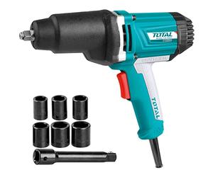 TOTAL - Llave de Impacto a Cable de 550 Nm - Pistola Neumática Eléctrica - Carcasa de Aluminio con Protector de Goma - Incluye un Adaptador y 6 Llaves de Vaso
