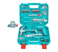 TOTAL - Maletín Multiherramientas 38 Pz | 1 Atornillador a Batería 4V | 16 Puntas | 8 Llaves Hexagonales | 2 Destornilladores | Alicate Universal | Lápiz Tester | Mini Martillo | Flexómetro | Cutter