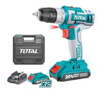 TOTAL - Taladro Atornillador a Batería P20S de 20V | Portabrocas Automático hasta 10 mm | 15 posiciones de apriete y una de taladro | 2 Velocidades y Luz LED | Con 2 Baterías 2 Ah, Cargador, Maletín