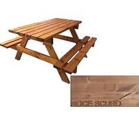 TOTAL WOOD 2012, Mesa de Picnic con Dos Bancos, Modelo Classico con Tablero de una Sola Pieza, de Madera Maciza, Conjunto de Camping Tablero + Asientos, Made in Italy (150x160x80, Nogal Oscuro)