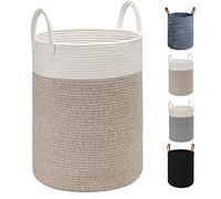 TOTANKI Cesto para la colada grande de cuerda de algodón, 40 cm de profundidad x 50 cm de alto, cesta tejida plegable con asas de cuero para guardar ropa, pañales, juguetes (blanco/marrón)