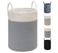 TOTANKI Cesto para la colada grande de cuerda de algodón, 40 cm de profundidad x 50 cm de alto, cesta tejida plegable con asas de cuero para guardar ropa, pañales, juguetes (blanco/gris)