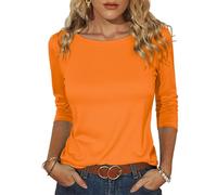 Totatuit Camiseta de Mujer de algodón elástica básica y Ajustada con Cuello Barco y Mangas 3/4 Elegante y cómoda para Diario Naranja，S