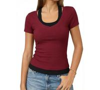 Totatuit camiseta de mujer manga corta efecto dos piezas ajustada con cuello en U y contraste de color perfecta para primavera y verano Vino Tinto，XXL