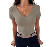 Totatuit Camiseta Mujer Cuello V Manga Corta Ajustada Camiseta Básica Verano Top Mujer Elegante Casual Diario Verde GrisáCeo XXL