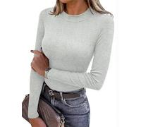 Totatuit Camiseta termica mujer algodon manga larga cuello redondo/alto camiseta interior suave ligera elastica ideal debajo sueter o chaqueta 012-Gris Claro，XL