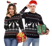 Totatuit Hombre Jersey Navidad Invierno Elegante Suéter Navideño Parejas Retro Alce Copo de Nieve Christmas Sweater Cuello Redondo Otoño Pullover Navidad Negro L