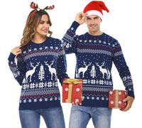 Totatuit Suéter de Navidad de Cuello Redondo Mujer Hombre Invierno Jersey Manga Larga Elegante Retro Sweater de Navidad Pullover Casual Christmas Sweater Parejas para Otoño Invierno Azul-hombre，L