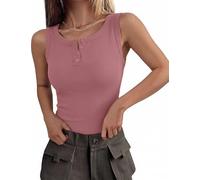 Totatuit Tank Top Mujer Cuello Henley Acanalado Camiseta Sin Mangas Ajustada Lisa Elegante y Sexy Gris Rosado XL