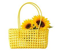 Tote Bags for Women, Solid Color Weave Tote Bag with Handle Hollow Out Beach Bag Handheld Picnic Basket Hollow Woven Shoulder Purse for Outdoor Fruit Picking Flower Arranging Travel Beach