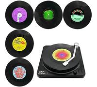 TOTHDATE Set de 6 Posavasos de Discos de Vinilo con Soporte, Posavasos Redondos Divertidos Antideslizantes para Bebidas, Café y Té, Cafeterías, Hogar, Temáticas de Pub y Fiestas, Estilo 1.