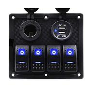 TOTMOX 12V/24V 4 Gang LED On-Off Rocker Switch para Marine Boat Car RV Caravan, Dual USB Switch Auto Rocker Rocker Panel, Blue Light