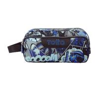 TOTTO - Estuche Escolar 3 Compartimentos, Modelo Agapec, Estuche Grande, Dimensiones 23 x 11.5 x 10.5 cm, Asa Lateral, Tiradores Ergonómicos con PVC, Tejido Resistente, Estampado Motto Gris y Azul