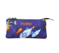 TOTTO - Estuche Escolar 3 Compartimentos, Modelo Tablero, Estuche Grande, Dimensiones 22 x 11 x 3.5 cm, Una Cremallera, Tejido Resistente y Repelente a Líquidos, Estampado Space Blue