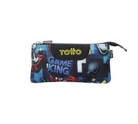 TOTTO - Estuche Escolar 3 Compartimentos, Modelo Tablero, Estuche Grande, Dimensiones 22 x 11 x 3.5 cm, Una Cremallera, Tejido Resistente y Repelente a Líquidos, Estampado Gamertag Azul