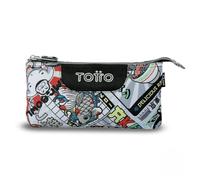 TOTTO - Estuche Escolar 3 Compartimentos, Modelo Tablero, Estuche Grande, Dimensiones 22 x 11 x 3.5 cm, Una Cremallera, Tejido Resistente y Repelente a Líquidos, Estampado Ramen Gris