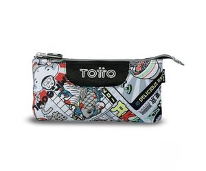 TOTTO - Estuche Escolar 3 Compartimentos, Modelo Tablero, Estuche Grande, Dimensiones 22 x 11 x 3.5 cm, Una Cremallera, Tejido Resistente y Repelente a Líquidos, Estampado Ramen Gris