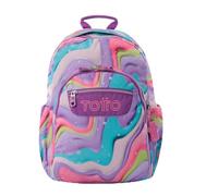 TOTTO - Mochila Escolar Adaptable a Carro, Modelo Acuareles, Capacidad 20 L, Bolsillo Pc 14", Bolsillos Botella, Espaldar Ergonómico con Flujo de Aire, Cómodas Correas en S, Estampado Ferri Morado