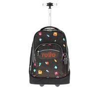 TOTTO - Mochila Escolar con Ruedas, Modelo Papel, Mochila Grande, Capacidad 33 Litros, Bolsillo para PC 14", 3 Compartimentos, Ruedas Grandes, Manija Telescópica, Estampado Videojuegos Negro