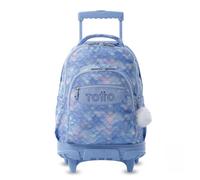 TOTTO - Mochila Escolar con Ruedas, Modelo Renglones, Capacidad 26,21 Litros, Bolsillo para PC 14", Bolsillo Botella, Correas en S para Mayor Comodidad, Resistente, Estampado Nacar Azul