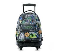 TOTTO - Mochila Escolar con Ruedas, Modelo Renglones, Capacidad 26,21 Litros, Bolsillo para PC 14", Bolsillo Botella, Correas en S para Mayor Comodidad, Resistente, Estampado Rolly Negro