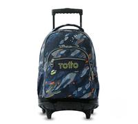 TOTTO - Mochila Escolar con Ruedas, Modelo Renglones, Capacidad 26,21 Litros, Bolsillo para PC 14", Bolsillo Botella, Correas en S para Mayor Comodidad, Resistente, Estampado Groove Azul