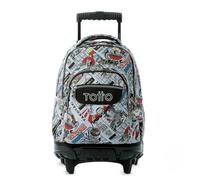 TOTTO - Mochila Escolar con Ruedas, Modelo Renglones, Capacidad 26,21 Litros, Bolsillo para PC 14", Bolsillo Botella, Correas en S para Mayor Comodidad, Resistente, Estampado Ramen Gris