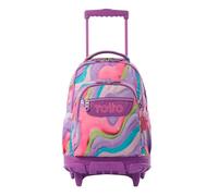 TOTTO - Mochila Escolar con Ruedas, Modelo Renglones, Capacidad 26,21 Litros, Bolsillo para PC 14", Bolsillo para Botella, Correas en S para Mayor Comodidad, Resistente, Estampado Ferri Morado