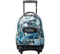 Totto Mochila escolar con ruedas postales y casetes - Renglones Azul