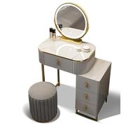 Touch Control - Juego de tocador de maquillaje brillante, 3 colores, iluminación ajustable, diseño simple, gris y blanco, 3 cajones y taburete de 60 a 70 cm, tocador para entusiastas del maquillaje