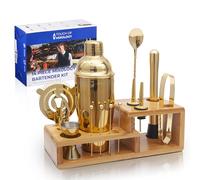 Touch of Mixology Kit de camarero con coctelera, elegante soporte de bambú, vertedores de licor para una experiencia perfecta de mezcla de bebidas, juego de coctelera de 14 piezas (dorado)