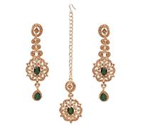 Touchstone Joyería étnica y bonita de diseño mangtika, adornada con rubí falso y perlas falsas unidas con una hermosa cadena para mujer